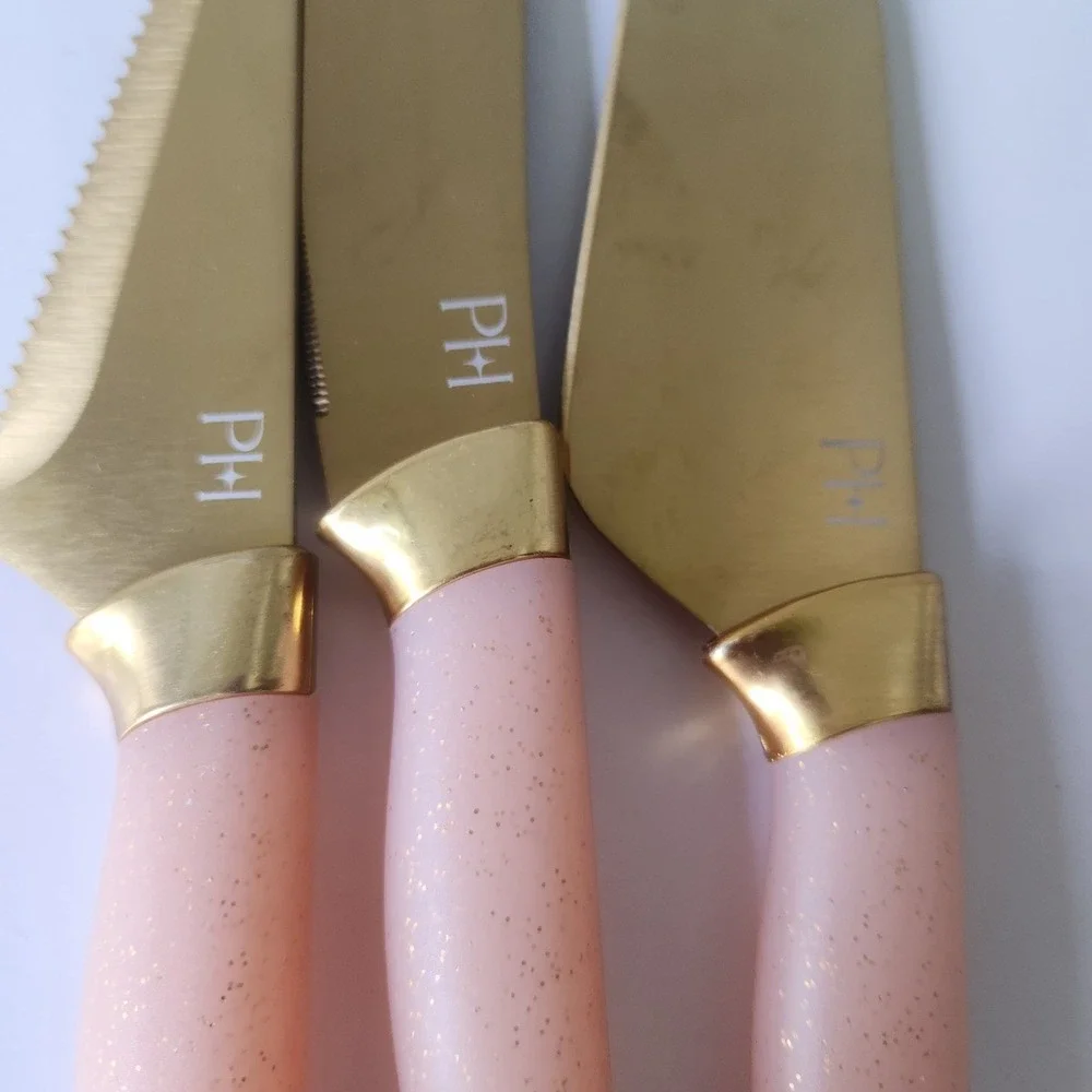 Paris Hilton 3 Piece Cheese Cutlery Set Gold Tone Blush Pink Glitter Handles PH